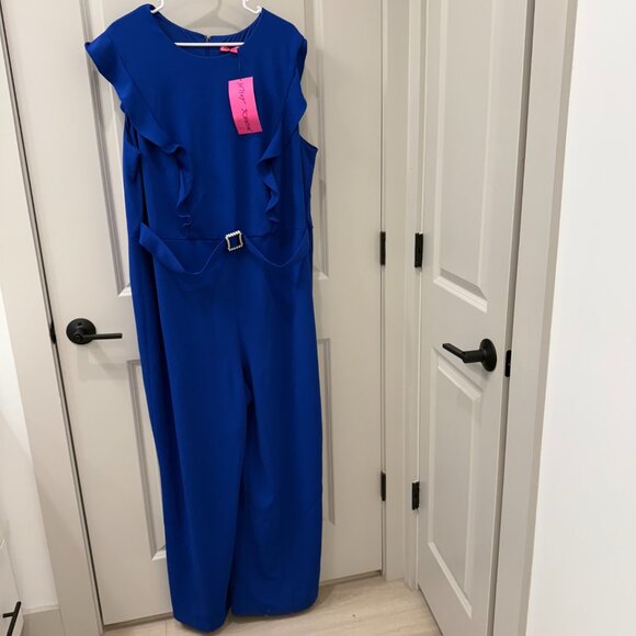 NEW Betsey Johnson 22W Ultramarine Ruffle Belted Jumpsuit Wide Leg - Picture 3 of 9